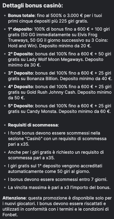 Pacchetto bonus casinò Fonbet sui primi cinque depositi.