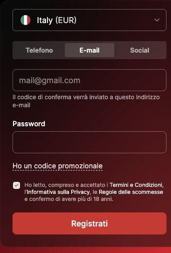 Modulo di registrazione Fonbet con conto in euro.