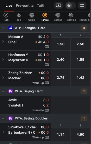 Mercati live Fonbet per gol della partita e del primo tempo.